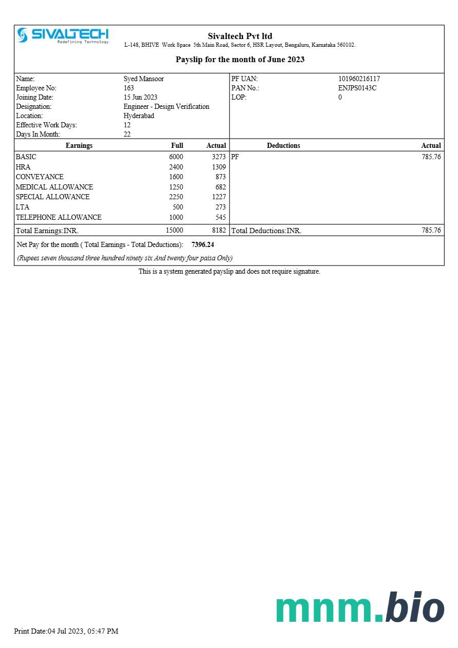 Szablon odcinka wypłaty Sivaltech w formatach Word i PDF